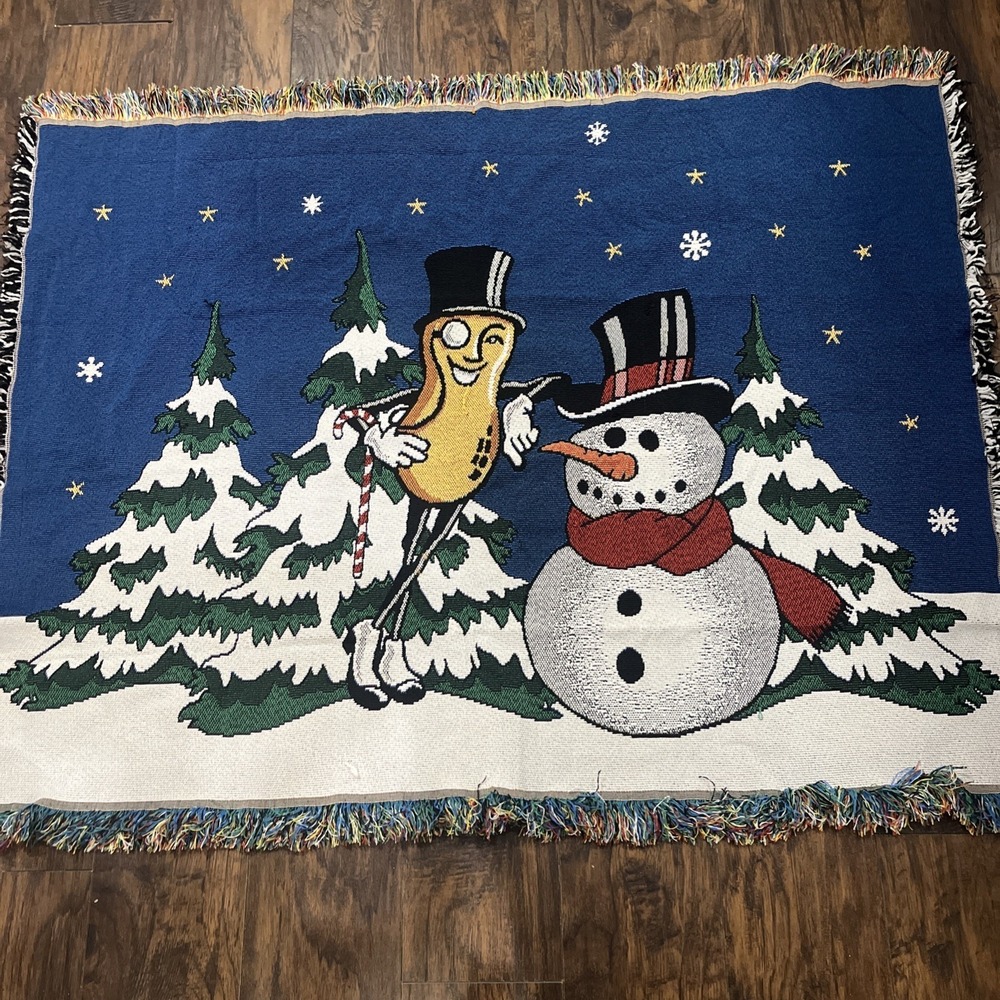 Rare Mr Peanut Throw‎ Blanket Planters Christmas Snowman Woven Tapestry 55 X 45
